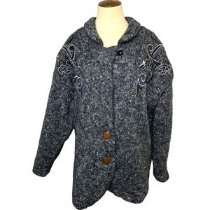Vintage 80's Knit Cardigan Jacket Sz S Oversized Black Gray Wool Blend Retro